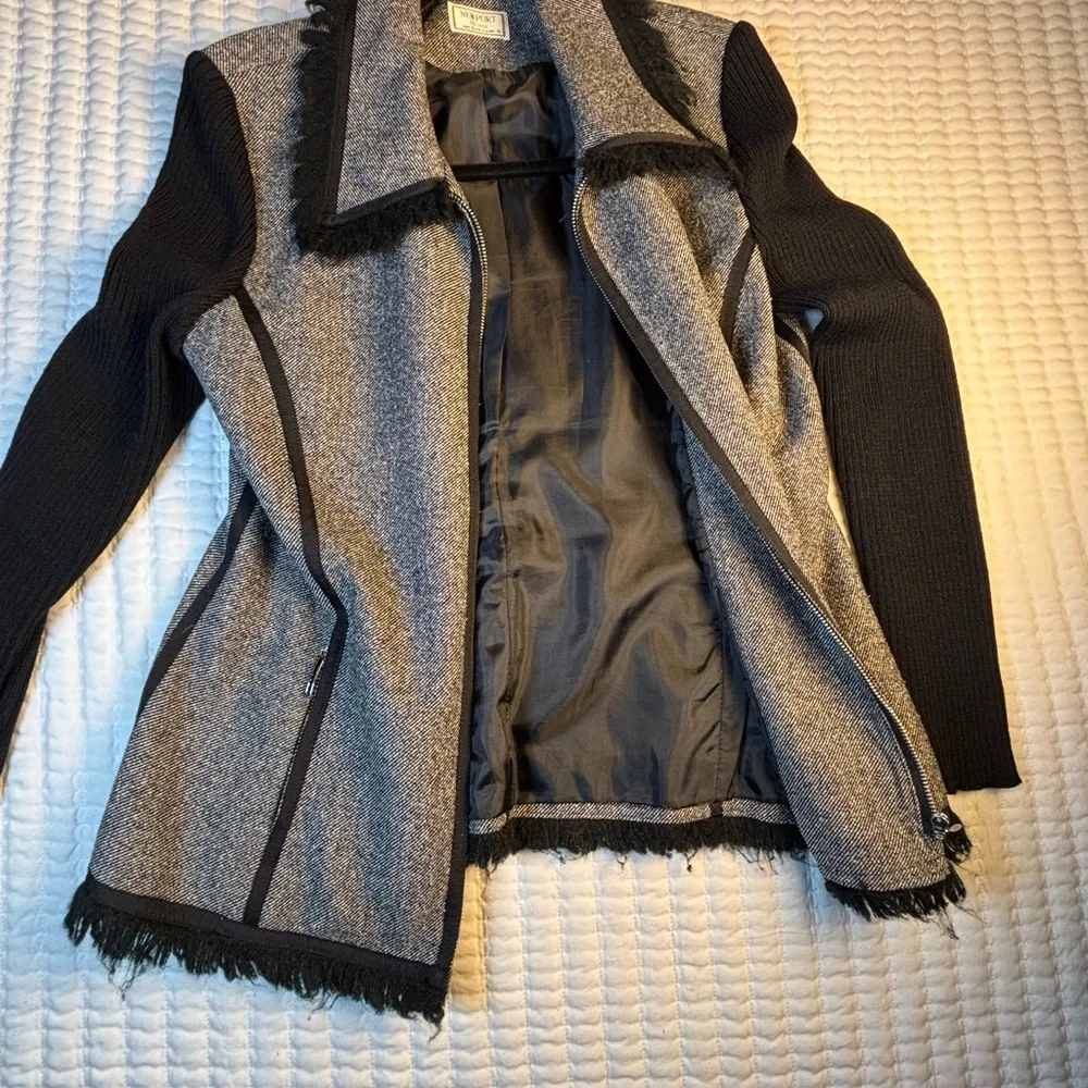 Newport Studio‎ Tweed Fringe Jacket Knit Sleeve Career Chic Medium